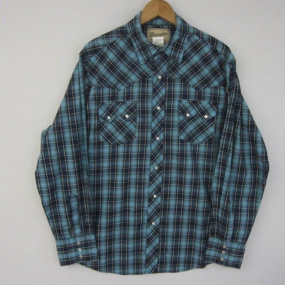 Wrangler Mens Large LS Plaid Pearl Snap Shirt Blue - Picture 1 of 4